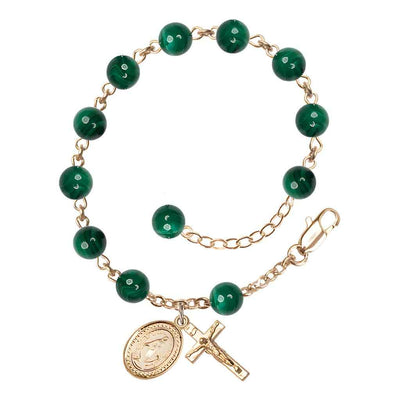 6mm Round Malachite Round Bead Miraculous with gold-plated crucifix and Miraculous centerpiece rosary bracelet, Bliss Manufacturing