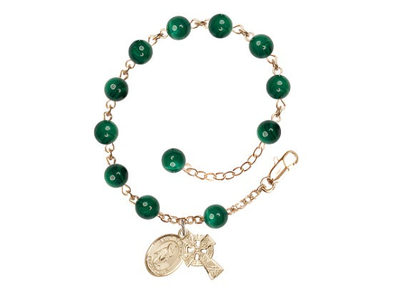 St Patrick and Irish Celtic Cross Gold-Plated 6mm Malachite Bead Bracelet