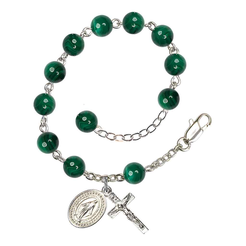 6mm Round Malachite Round Bead Miraculous with silver-plated crucifix and Miraculous centerpiece rosary bracelet, Bliss Manufacturing