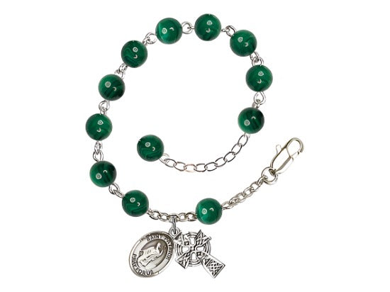 St Patrick and Irish Celtic Cross Silver-Plated 6mm Malachite Bead Bracelet