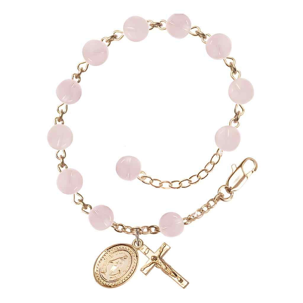 6mm Pink Quartz Bead Miraculous with gold-plated crucifix and Miraculous centerpiece rosary bracelet, Bliss Manufacturing