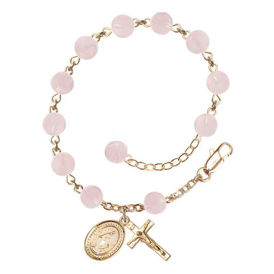 6mm Pink Quartz Bead Miraculous with gold-plated crucifix and Miraculous centerpiece rosary bracelet, Bliss Manufacturing