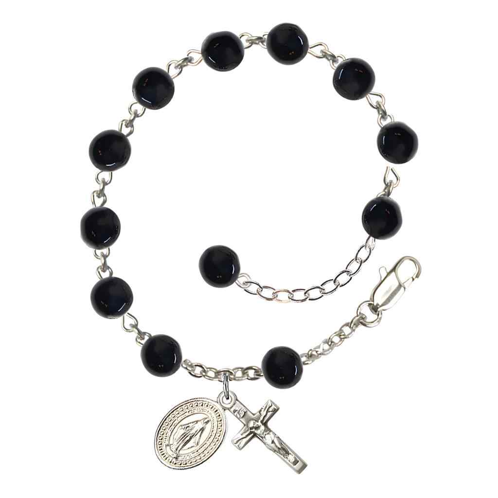 6mm Black Onyx Rosary Bracelet with Silver-plated Miraculous and Crucifix. Gift Box, USA made by Bliss Manufacturing