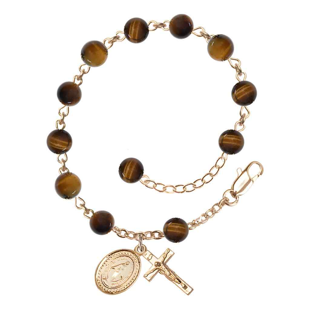 6mm Tiger EyeBead Miraculous with gold-plated crucifix and Miraculous centerpiece rosary bracelet, Bliss Manufacturing