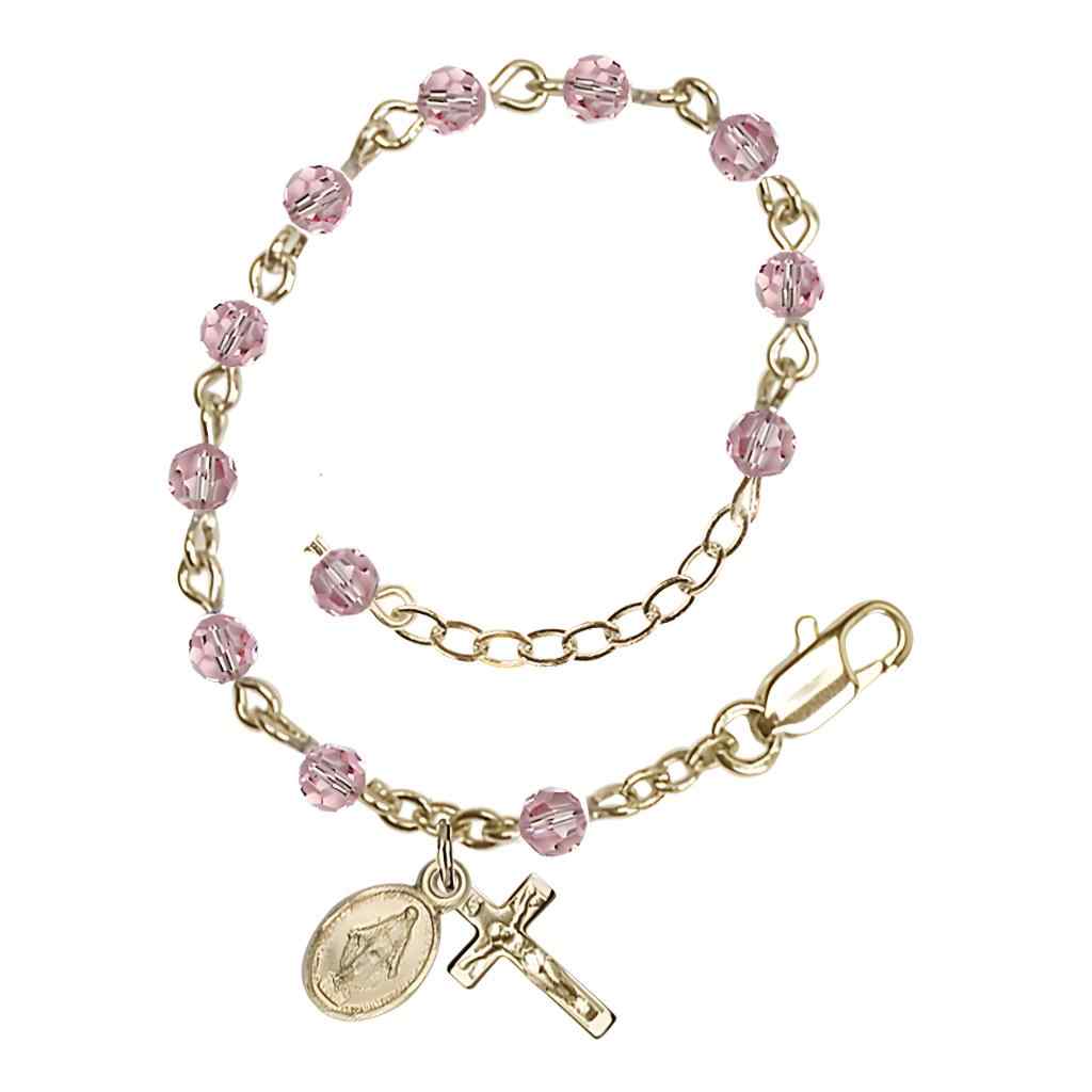 Baby Gold Plate Rosary Bracelet Set with 4mm Light Rose Austrian Crystal Beads, Bliss Manufacturing (view 3)