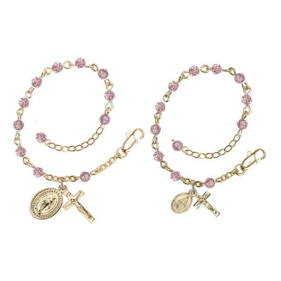 Mother and Baby Gold Plate Rosary Bracelet Set with 4mm Light Rose Austrian Crystal Beads, Bliss Manufacturing
