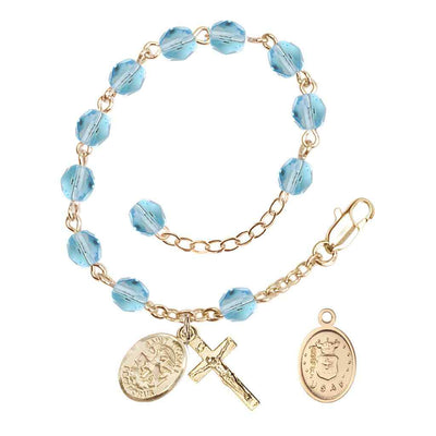 St. Michael Air Force Gold 6mm Crystal Rosary Bracelet in Aqua, Bliss Manufacturing
