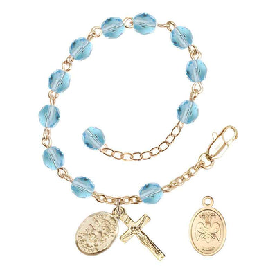 St. Michael National Guard 6mm Gold Crystal Rosary Bracelet in Aqua, Bliss Manufacturing