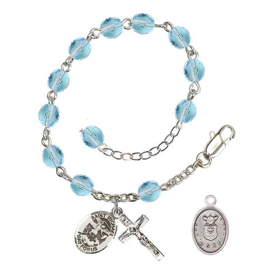 St. Michael Air Force Silver 6mm Crystal Rosary Bracelet in Aqua, Bliss Manufacturing