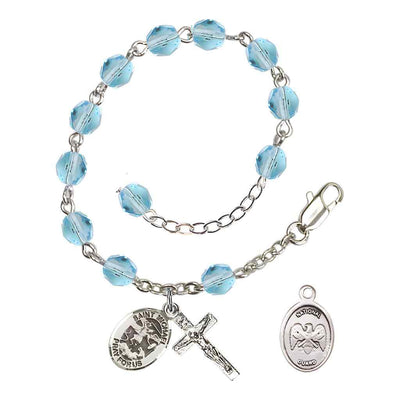 St. Michael National Guard Silver 6mm Crystal Rosary Bracelet in Aqua, Bliss Manufacturing
