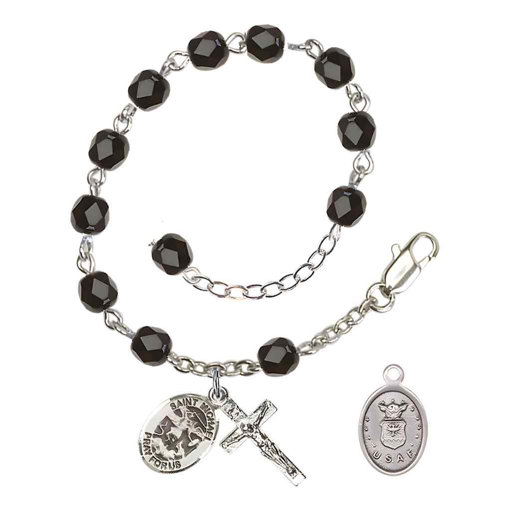 St. Michael Air Force Silver 6mm Crystal Rosary Bracelet in Black, Bliss Manufacturing