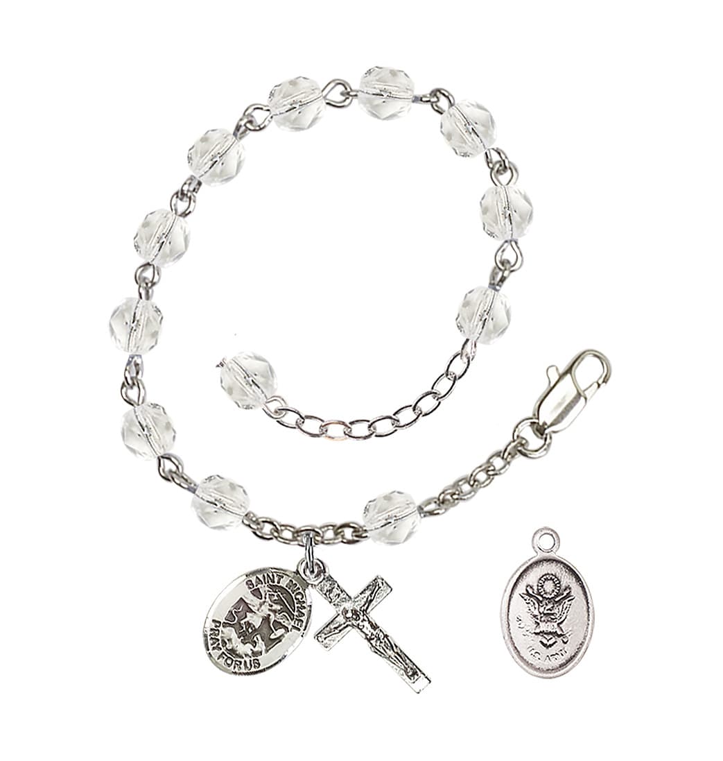 Bliss St Michael Army Silver-plated 6mm Crystal Rosary Bracelet,