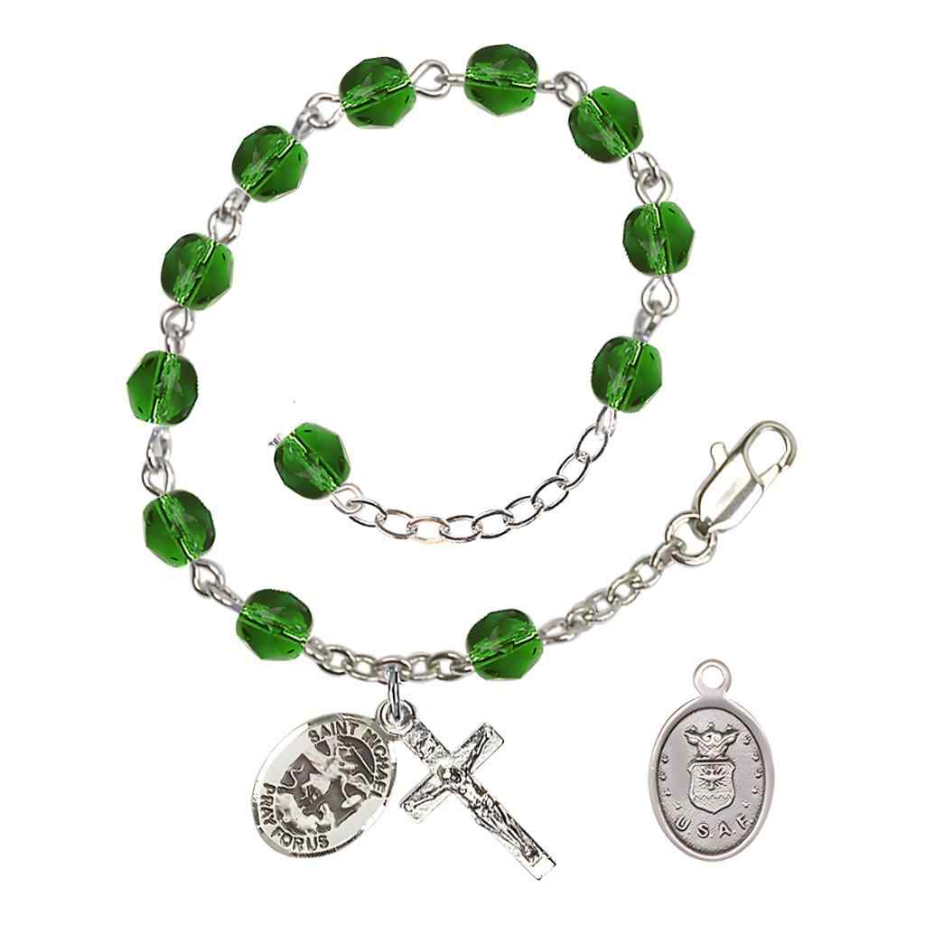 St. Michael Air Force Silver 6mm Crystal Rosary Bracelet in Emerald, Bliss Manufacturing