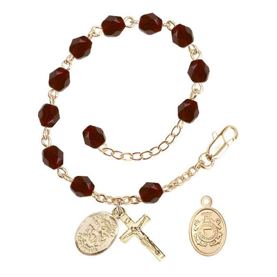 St. Michael Coast Guard Gold 6mm Crystal Rosary Bracelet in Garnet, Bliss Manufacturing