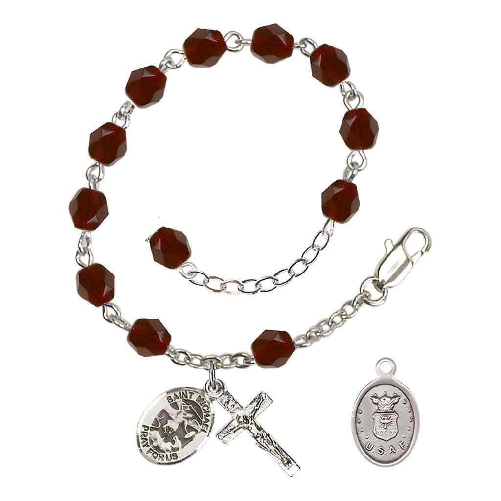 St. Michael Air Force Silver 6mm Crystal Rosary Bracelet in Garnet, Bliss Manufacturing