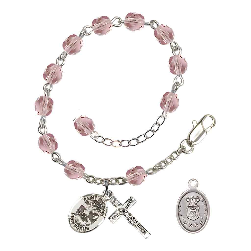 St. Michael Air Force Silver 6mm Crystal Rosary Bracelet in Light Amethyst, Bliss Manufacturing