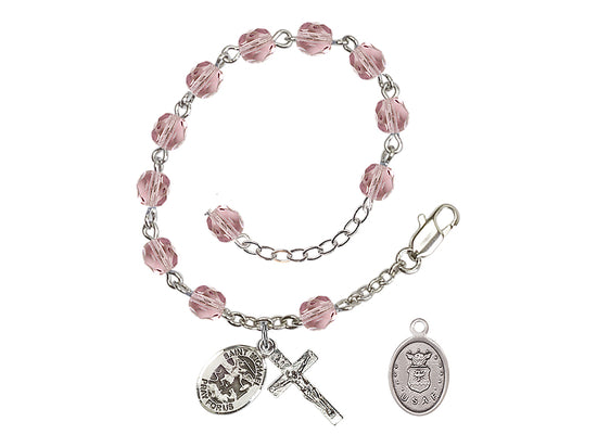 Bliss St Michael Air Force Silver-plated 6mm Crystal Rosary Bracelet