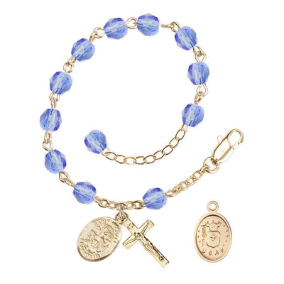 St. Michael Air Force Gold 6mm Crystal Rosary Bracelet in Light Sapphire, Bliss Manufacturing