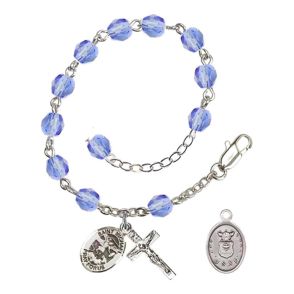 St. Michael Air Force Silver 6mm Crystal Rosary Bracelet in Light Sapphire, Bliss Manufacturing