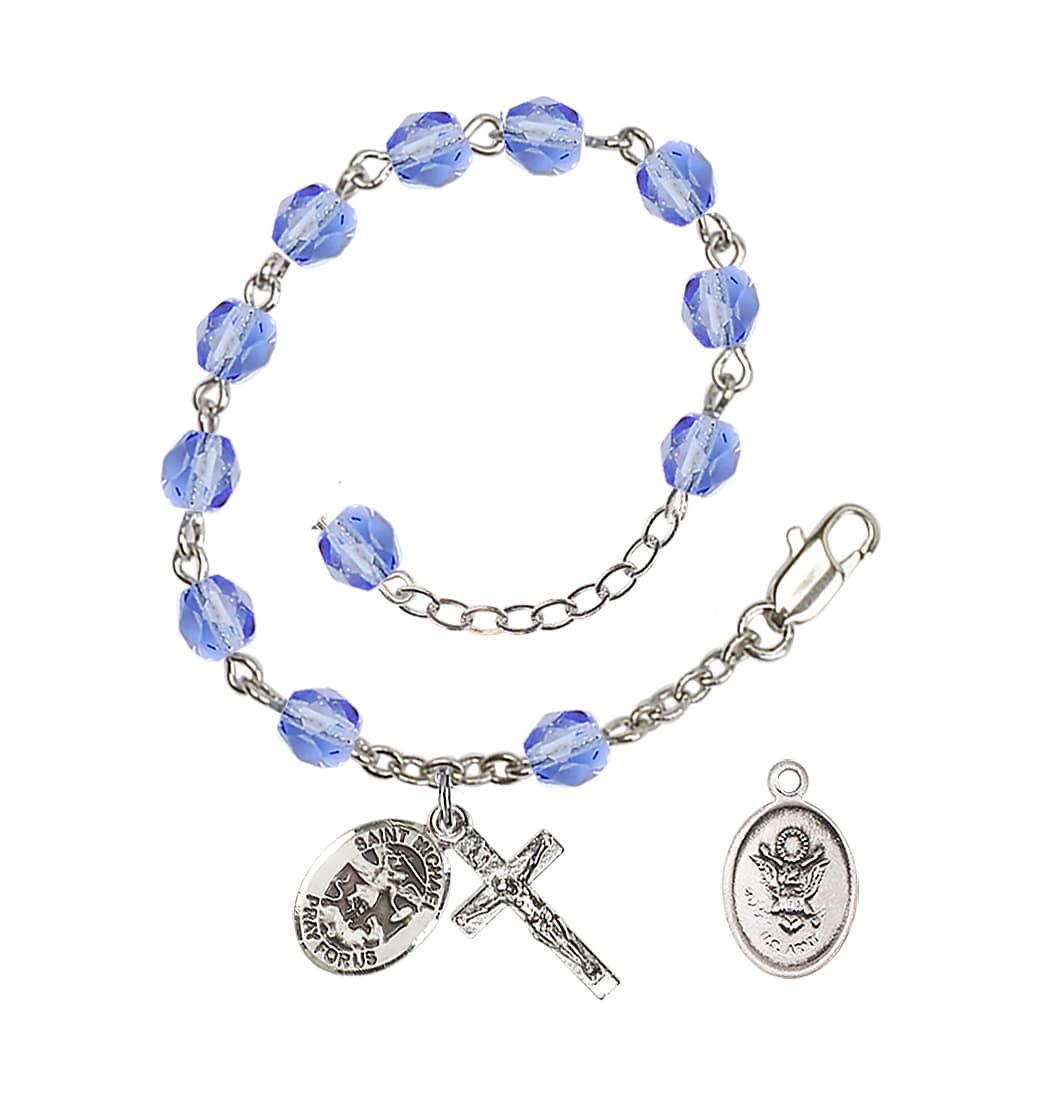 Bliss St Michael Army Silver-plated 6mm Crystal Rosary Bracelet in Light Sapphire,