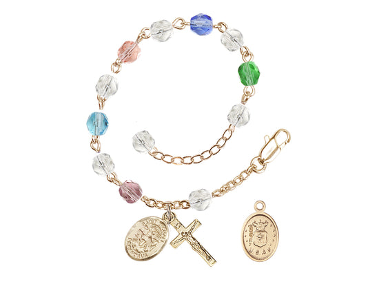 Bliss St Michael Air Force Gold-plated 6mm Crystal Rosary Bracelet