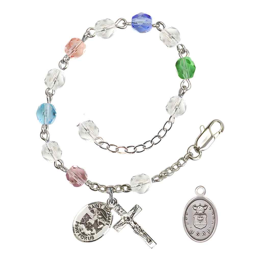 St. Michael Air Force Silver 6mm Crystal Rosary Bracelet in Multi-Color, Bliss Manufacturing