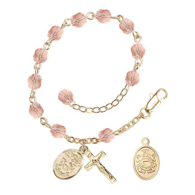 St. Michael Coast Guard Gold 6mm Crystal Rosary Bracelet in Pink, Bliss Manufacturing
