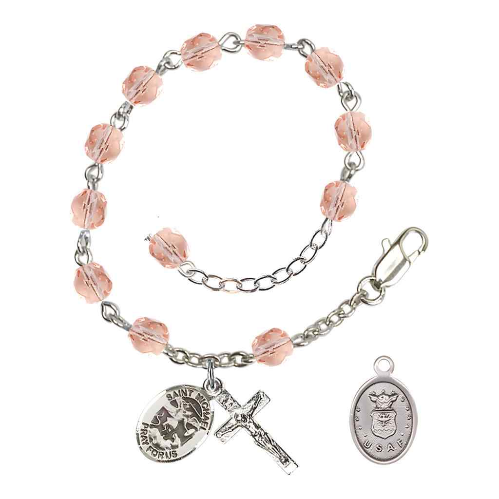 St. Michael Air Force Silver 6mm Crystal Rosary Bracelet in Pink, Bliss Manufacturing