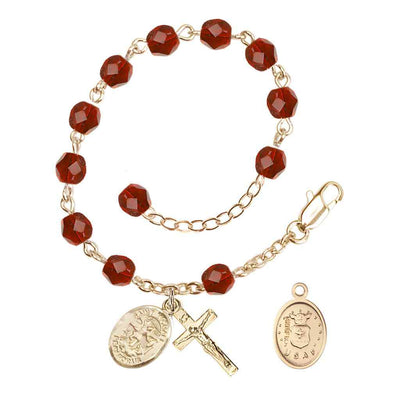 St. Michael Air Force Gold 6mm Crystal Rosary Bracelet in Ruby, Bliss Manufacturing