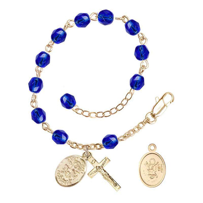 St. Michael Army Gold 6mm Crystal Rosary Bracelet in Sapphire, Bliss Manufacturing