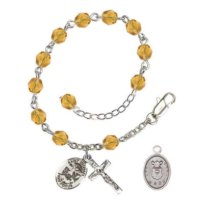 St. Michael Air Force Silver 6mm Crystal Rosary Bracelet in Topaz, Bliss Manufacturing