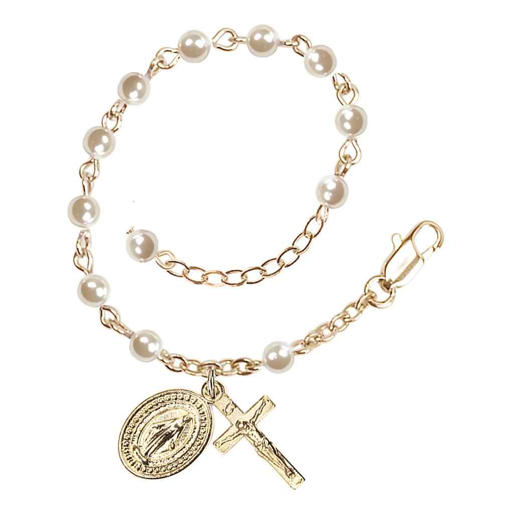 Mother Gold Plate Rosary Bracelet with 4mm Faux Cream Pearl Beads and Gold-plated Miraculous and Crucifix (view 2)
