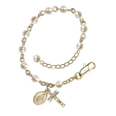 Baby Gold Plate Rosary Bracelet with 4mm Faux Cream Pearl Beads and Gold-plated Miraculous and Crucifix (view 3)