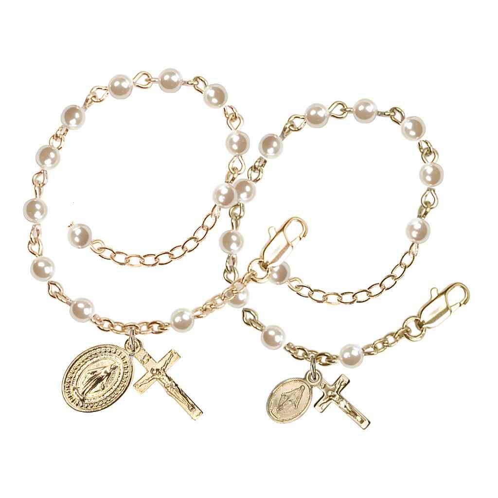 Mother and Baby Gold Plate Rosary Bracelet with 4mm Faux Cream Pearl Beads and Gold-plated Miraculous and Crucifix