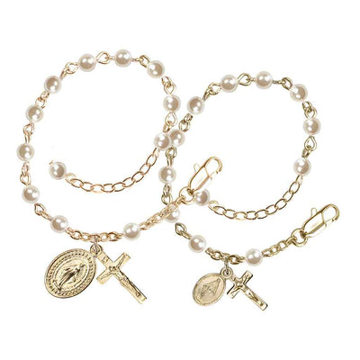 Mother and Baby Gold Plate Rosary Bracelet with 4mm Faux Cream Pearl Beads and Gold-plated Miraculous and Crucifix