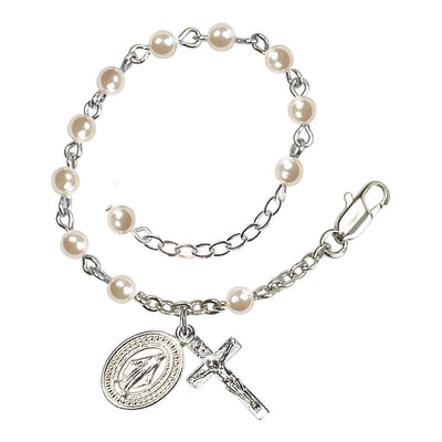 Mother Silver-plated Rosary Bracelet with 4mm Faux Cream Pearl Beads with Silver-plated Miraculous and Crucifix (view 2)
