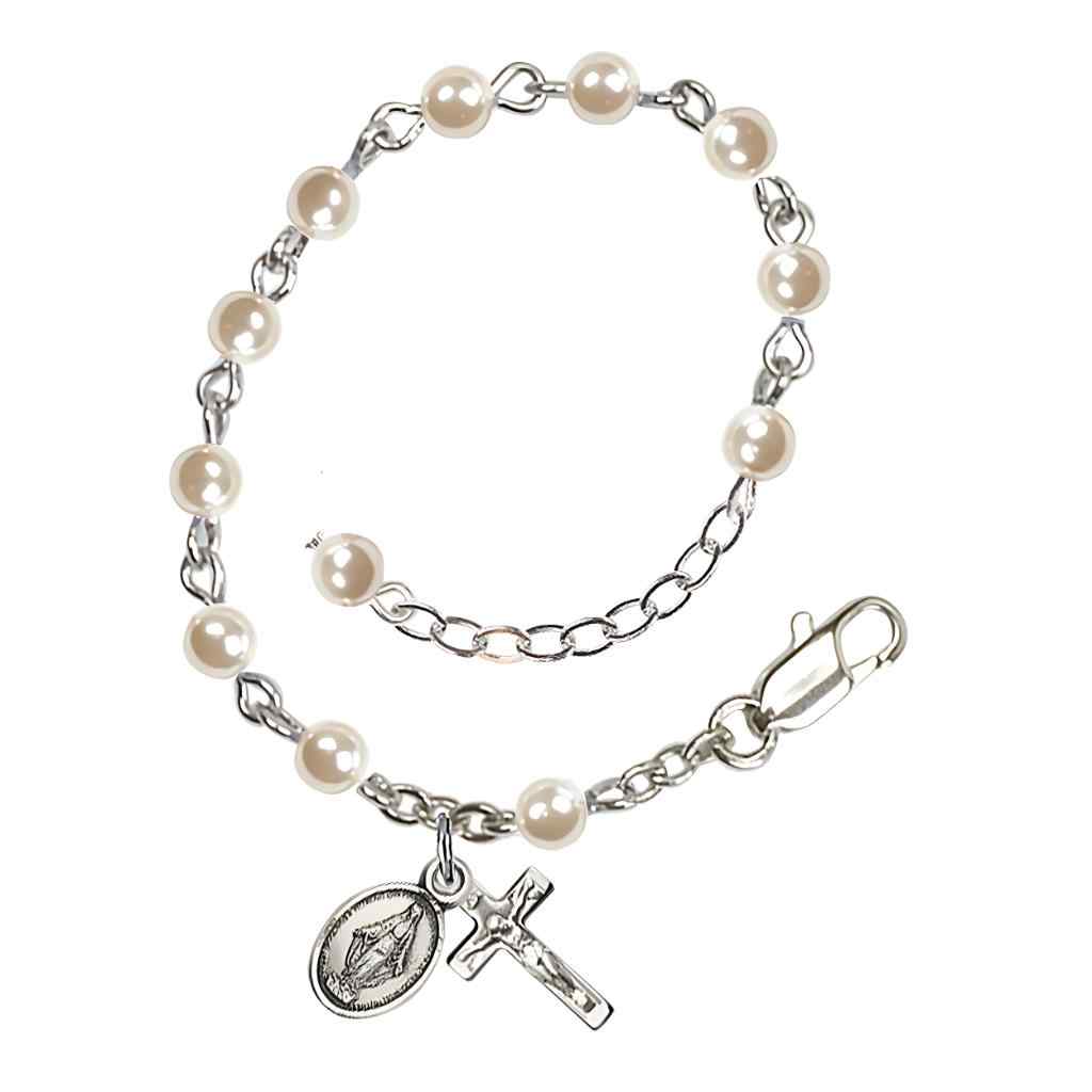 Baby Silver-plated Rosary Bracelet with 4mm Faux Cream Pearl Beads with Silver-plated Miraculous and Crucifix (view 3)