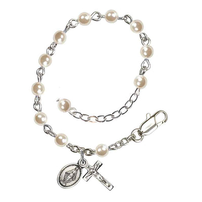 Baby Silver-plated Rosary Bracelet with 4mm Faux Cream Pearl Beads with Silver-plated Miraculous and Crucifix (view 3)