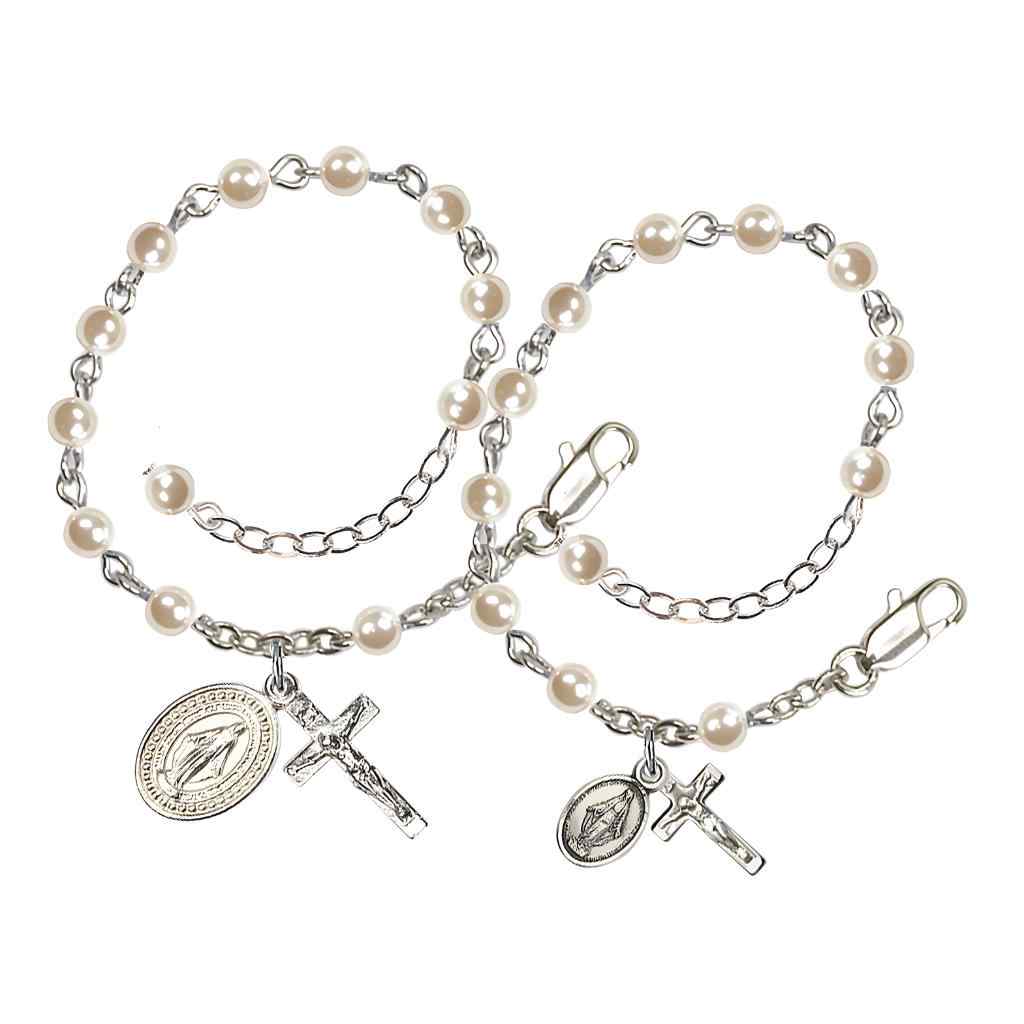Mother and Baby Silver-plated Rosary Bracelet with 4mm Faux Cream Pearl Beads with Silver-plated Miraculous and Crucifix