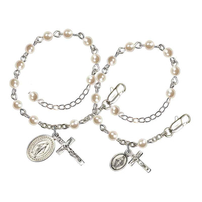 Mother and Baby Silver-plated Rosary Bracelet with 4mm Faux Cream Pearl Beads with Silver-plated Miraculous and Crucifix