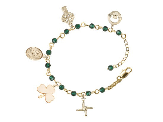 St Patrick and Irish Charms Gold-Plated Emerald Bead Bracelet,