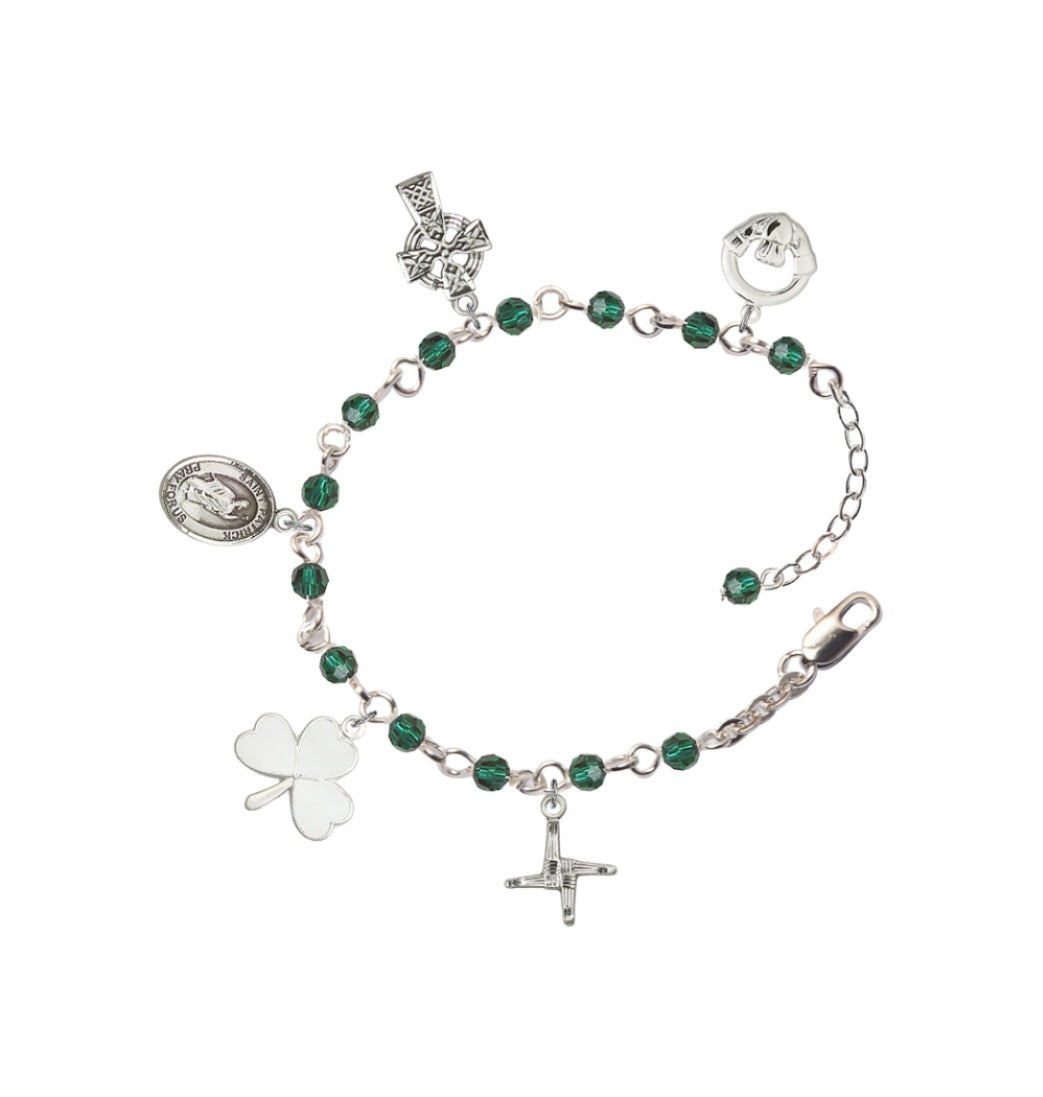 Bliss Manufacturing St Patrick Irish Charm Silver-Plated 4mm Emerald Bead Bracelet