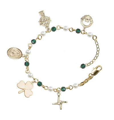 St Patrick Handmade Gold-Plated Charm Bracelet With 4mm Austrian Crystal Emerald And Imitation Pearl Beads, Bliss Manufacturing
