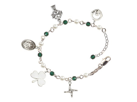 Bliss St Patrick Handmade Silver-Plated Charm Bracelet with 4mm Austrian Crystal Emerald and Imitation Pearl Beads