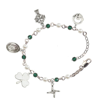 St Patrick Handmade Silver-Plated Charm Bracelet With 4mm Austrian Crystal Emerald And Imitation Pearl Beads, Bliss Manufacturing