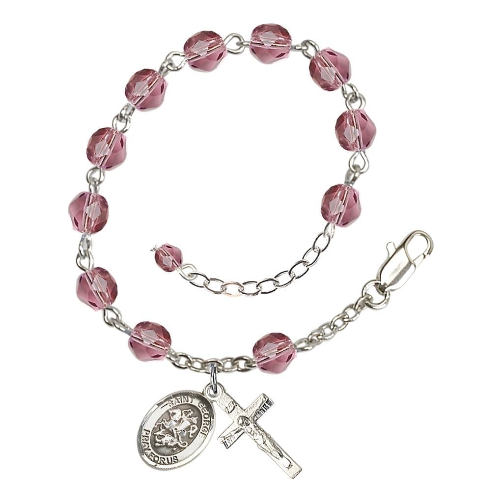 Bliss George Rosary Bracelet with Pewter Crucifix and Medal, Birthstone 6mm Fire Polished Amethyst Beads for February