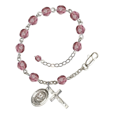 George Rosary Bracelet with Pewter Crucifix and Medal, Birthstone 6mm Fire Polished Amethyst Beads for February, Bliss Manufacturing