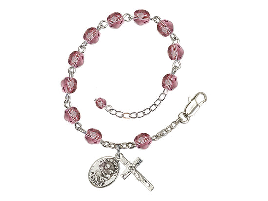 Amethyst Silver-Plated Crystal St Anthony of Padua Birthstone Rosary Bracelet