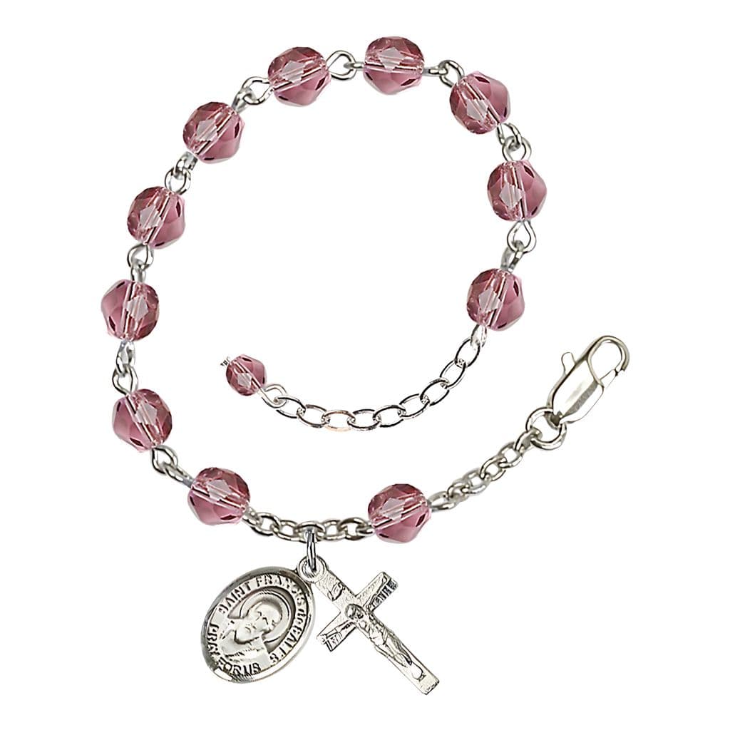 Bliss St. Francis de Sales December Birthstone 6mm Zircon Fire Polished Beads Silver-Plated Rosary Bracelet with Pewter Crucifix and Medal