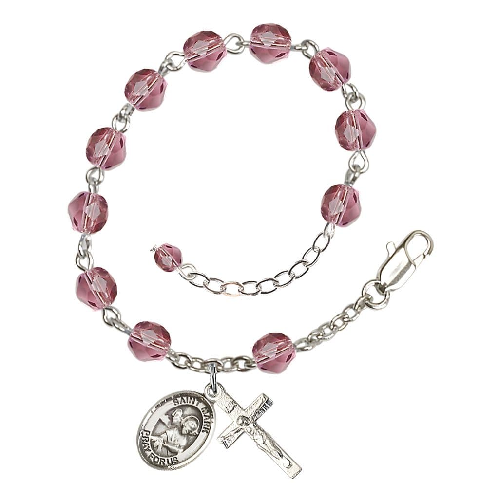 Bliss Saint Mark the Evangelist Rosary Bracelet with Pewter Crucifix and Medal, Birthstone 6mm Fire Polished Amethyst Beads for February
